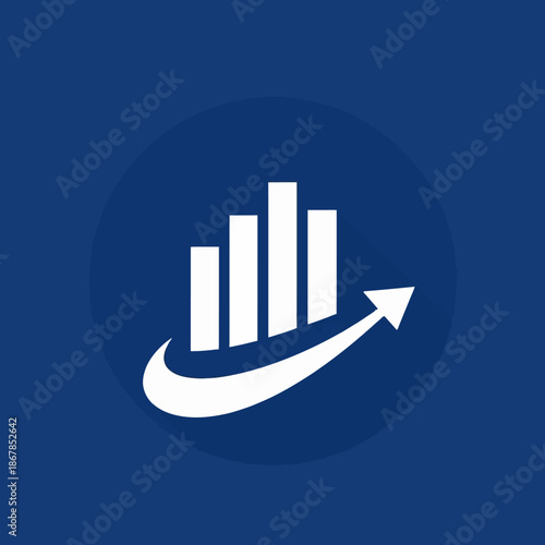 White bar graph with upward trend arrow on blue background.