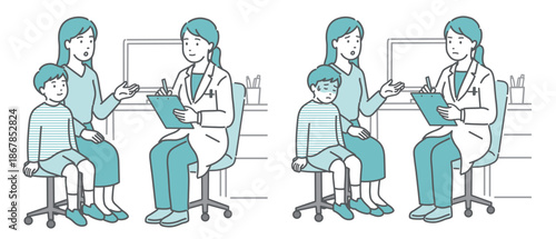 問診・診察の様子セット（男の子と母親と女性医師）