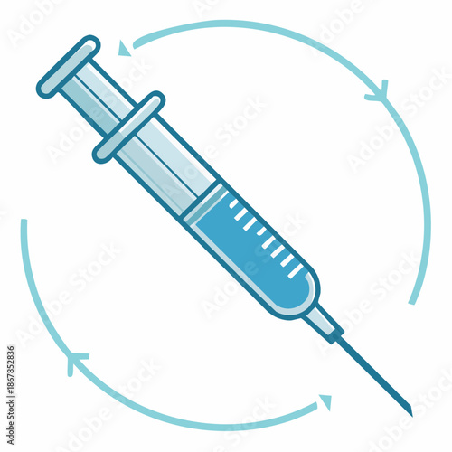Outline vector icon showing a syringe with blue fluid and cycle arrow, representing vaccination and health