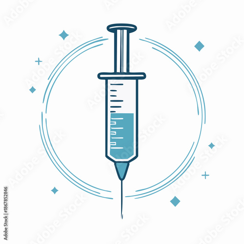 Minimalist syringe icon with blue fluid and surrounding light particles