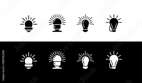 Collection of light bulb icons in black and white