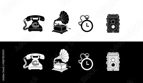 Vintage icons set on white and black background