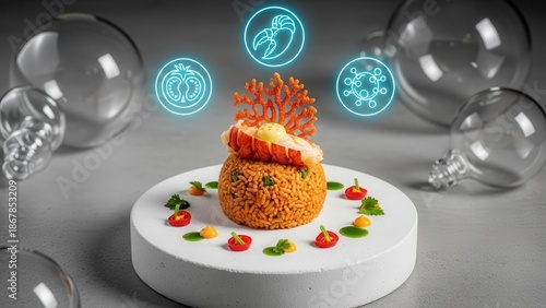 Spectacular High-Contrast Flat Lay of Modernist Jollof Rice Sphere with Lobster Tail and Futuristic Cyan Holographic Culinary Icons on Minimalist Pedestal Plate
