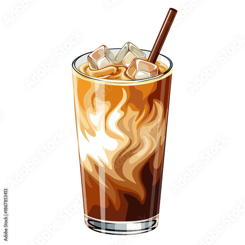 Illustration of a glass of iced coffee with milk, isolated on a white background.