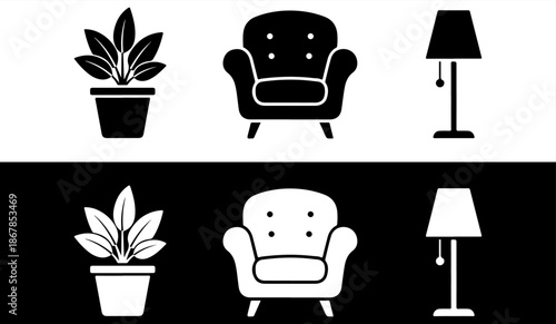 Furniture and home decor icons in black and white