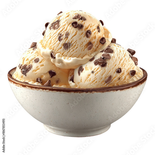 Bowl of vanilla ice cream with chocolate chips, against a dark backdrop