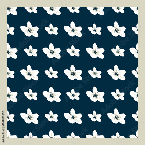 White Peach Blossoms and Deep Navy Backdrop Pattern. Ideal for spring designs, fabric prints, stationery, packaging, wallpapers, and floral themed products.