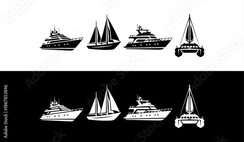 Luxury yachts and sailboats silhouettes on white and black background