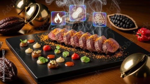 Spectacular Macro Photograph of Opulent Wagyu Beef Suya with Gold Leaf, Rising Smoke, and Futuristic Holographic Aroma and Heat Icons