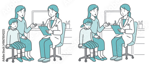問診・診察の様子セット（女の子と母親と女性医師）