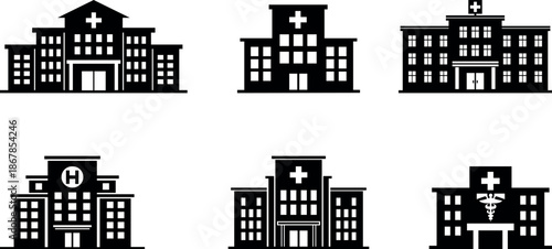 Hospital building icon set. Hospital and healthcare silhouette. Medical Centre, Clinic and Healthcare Facility Silhouette Collection