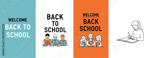 Back to school banner set, welcome education posters, cute students reading, modern design, learning concept, classroom promotion, vector illustration
