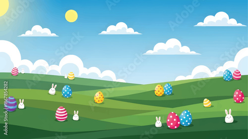 Colorful Easter eggs and cute bunnies scattered across a vibrant green field.