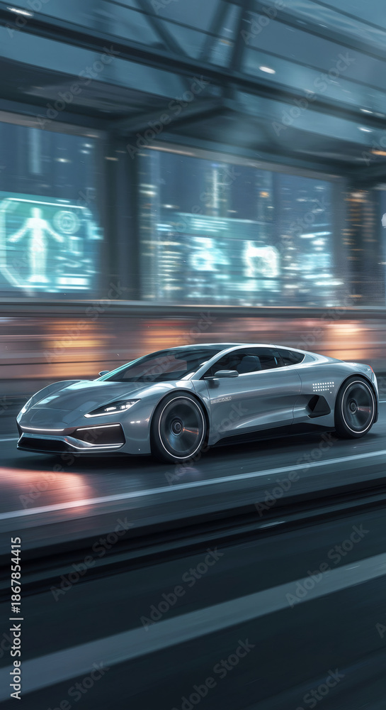 Fototapeta premium Futuristic car driving on a highway at night, concept of eco transport and future mobility in a smart city or urban environment.