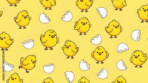 Adorable yellow chicks and broken eggshells scattered on a vibrant background.