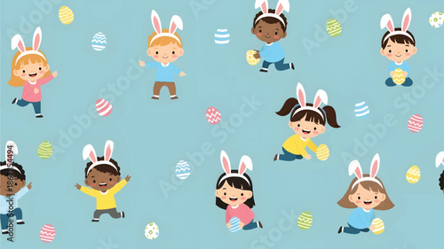 Diverse group of happy children wearing bunny ears celebrating Easter.