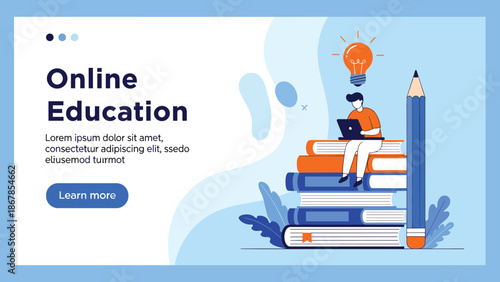 Online education concept illustration with student using laptop on books, e learning banner, digital study, creative knowledge, modern design