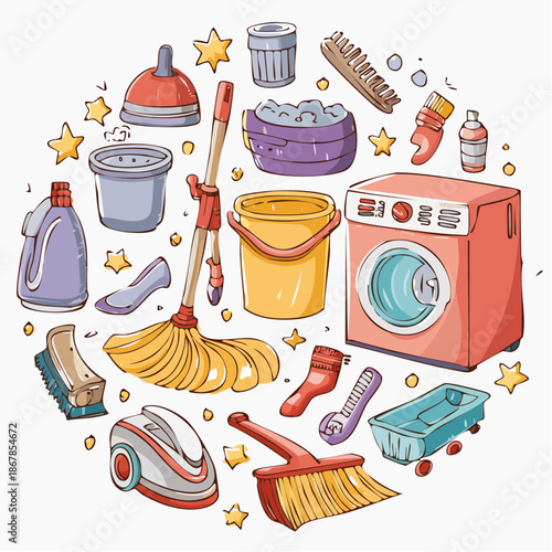 Vibrant collection of essential household cleaning tools and supplies, perfect for illustrating domestic chores, hygiene routines, and pristine home maintenance