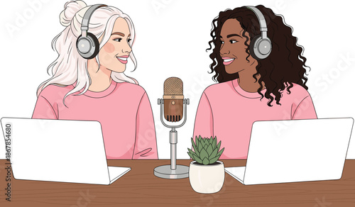 Two women recording podcast illustration with microphones and laptops, online radio show, digital content creators, modern studio, creative media discussion