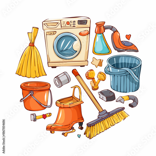 Collection of household cleaning supplies and appliances including a washing machine, broom, mop, bucket, and spray bottle