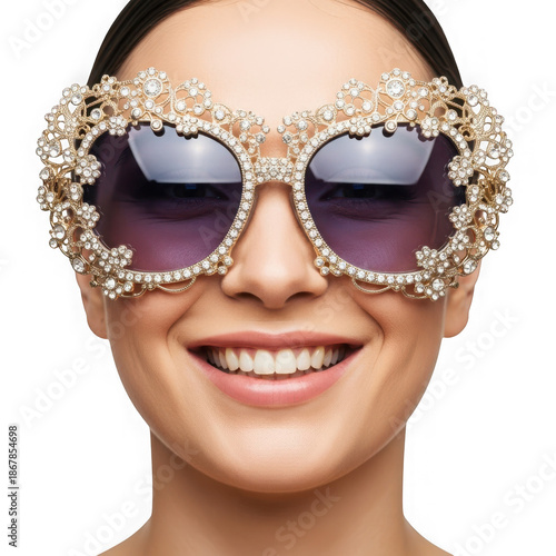 Woman wearing ornate jeweled sunglasses isolated on a transparent background fashion