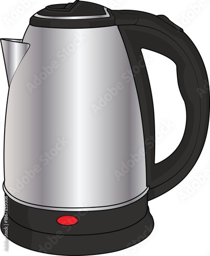 Modern stainless steel electric kettle vector illustration. Realistic design of a silver kitchen appliance isolated on a white background. Suitable for home appliance advertising, kitchen concepts.