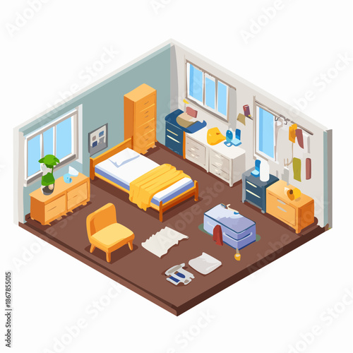 Isometric illustration of a highly messy and disorganized bedroom interior with an unmade bed, scattered clothes, and personal items. A cluttered and untidy living space depicted
