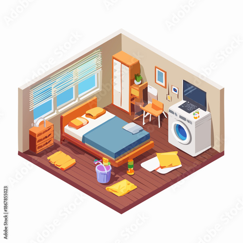 Isometric illustration of a messy bedroom with scattered clothes and a washing machine, depicting a disorganized living space and the reality of daily chores in a modern home