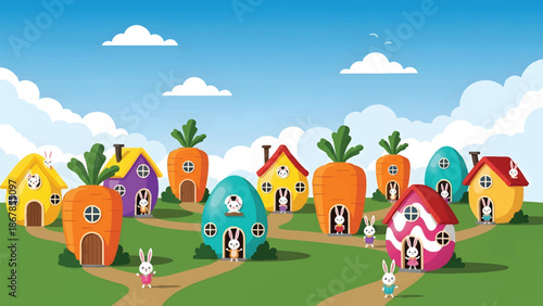 Whimsical Easter Bunny Village with Carrot and Egg-Shaped Houses.