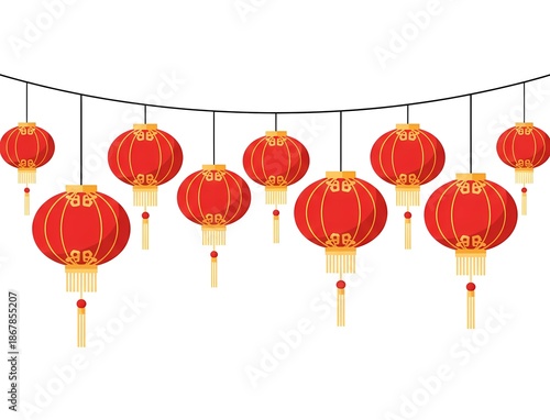 Decorative Red Chinese Lanterns Hanging on String for Lunar New Year Celebration on White Background. chinese new year lanterns