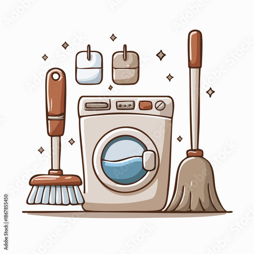 Home cleaning supplies and appliances, including a washing machine, broom, and brush, for household chores