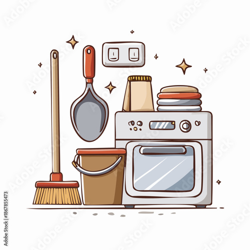 Home cleaning supplies including a broom, dustpan, bucket, washing machine, and folded laundry, signifying domestic chores and household maintenance