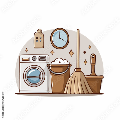 Household cleaning supplies and tools for a spotless home washing machine, bucket, mop, and clock for efficient chores