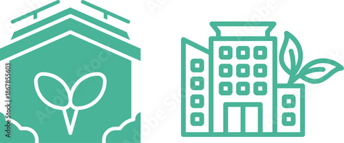 Green city icons set. Includes eco-friendly buildings, renewable energy, sustainable transport, green spaces, and clean environment concepts. Editable stroke. Line icons. Perfect for environmental.