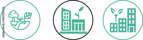 Green city icons set. Includes eco-friendly buildings, renewable energy, sustainable transport, green spaces, and clean environment concepts. Editable stroke. Line icons. Perfect for environmental.