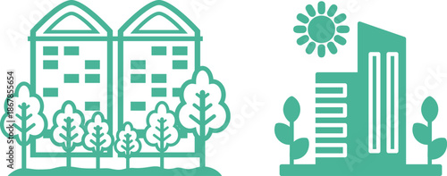 Green city icons set. Includes eco-friendly buildings, renewable energy, sustainable transport, green spaces, and clean environment concepts. Editable stroke. Line icons. Perfect for environmental.