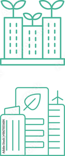 Green city icons set. Includes eco-friendly buildings, renewable energy, sustainable transport, green spaces, and clean environment concepts. Editable stroke. Line icons. Perfect for environmental.