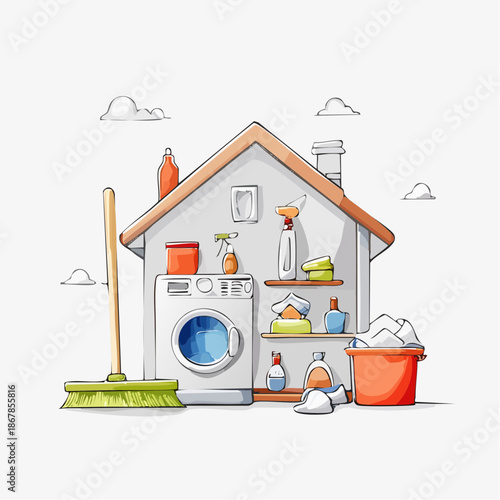 Illustration of a house with home cleaning and laundry essentials. Featuring a washing machine, detergents, brooms, and sprays, it symbolizes household chores and a tidy living space