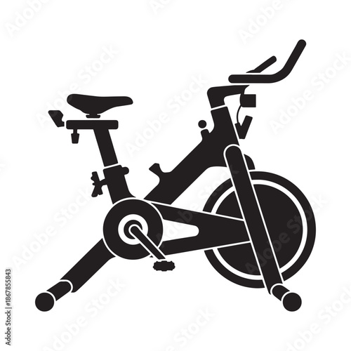 A black and white silhouette of an indoor exercise spinning bike