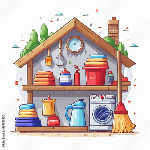 Cozy attic storage for household items including cleaning supplies, laundry basket, and washing machine, with shelves stocked with towels and colorful containers