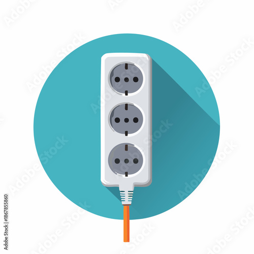 An illustration of a three-socket power strip with an orange cord on a blue background