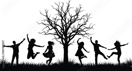 Joyful people silhouettes jumping together around bare tree symbolizing freedom, happiness, youth energy, and carefree human connection on nature background