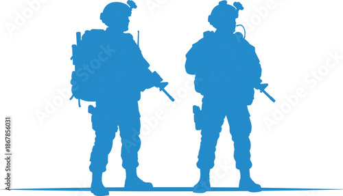 Blue military soldier silhouettes with rifles, modern armed infantry standing guard concept, tactical defense illustration isolated on white background