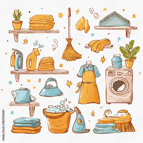 A charming collection of illustrated household cleaning supplies and laundry items neatly arranged on shelves and surfaces, perfect for home organization and chores