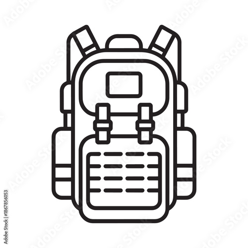 Detailed outline of a black and white hiking backpack with various compartments