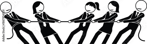 Business Team Tug of War Concept Illustration Showing Workplace Competition, Leadership Conflict, Cooperation and Corporate Strategy in Flat Black Silhouette Style