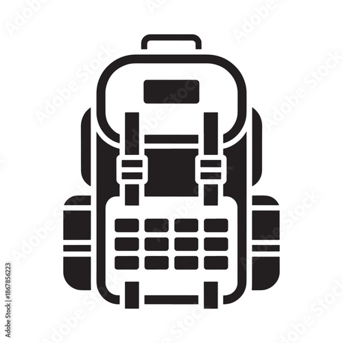 Simple black and white icon depicting a closed hiking backpack design