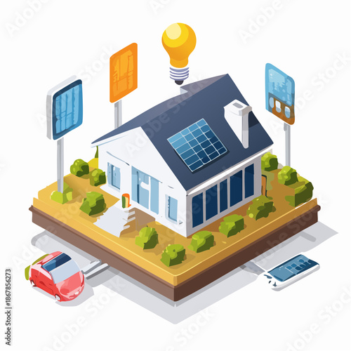 Modern isometric house showcasing sustainable smart home technology with rooftop solar panels, electric vehicle charging, and eco-friendly integrated energy solutions for future living
