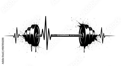 Barbell heartbeat graphic seamlessly combining fitness and vitality with a gritty, splashy black and white vector design, perfect for gym and active lifestyle themes.