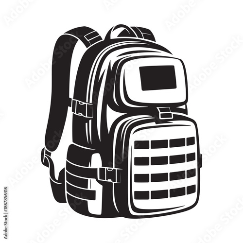 A black and white illustration of a modern tactical backpack with multiple compartments